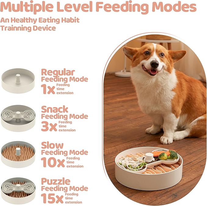 Slow Feeder Dog Bowl for Large Dogs with Non-Slip Base - Adjustable Speed Design, Removable Puzzle Inserts & Dishwasher Safe, Pink