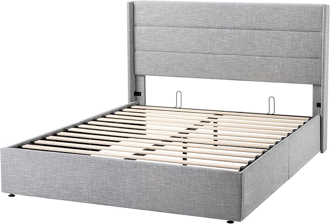 Allewie Queen Size Lift Up Storage Bed, Modern Wingback Headboard, Hydraulic Support, No Box Spring Needed, Light Grey