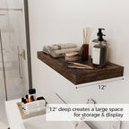 12 Inch Deep Floating Shelves, 24 x 12 Floating Shelf for Books, Rustic Wood Deep Wall Shelves for Home Storage & Display, 2" Thicked Shelves for Kitchen, Living Room, Bedroom, Rustic Brown, 1 Pack