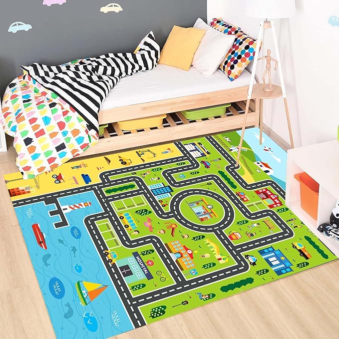 Kids Rug Playroom Car Rug Play Mat City Life Road Rugs Fun City Map for Kids Toy Cars Carpet for Bedroom Boys (Green-Rug, 5.2x7.9ft)