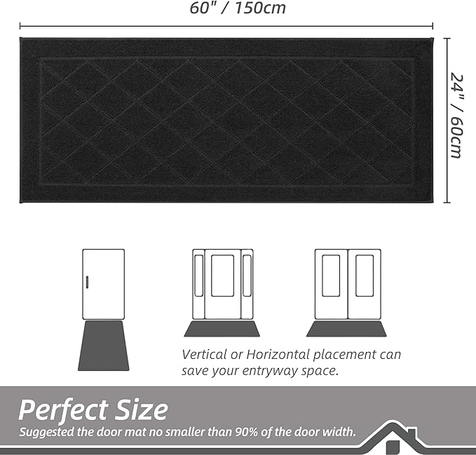 BEQHAUSE Dirt Trapper Door Mat 24" x 60", Doormat Non-Slip Entryway Rugs Washable, Dog Door Mat Stain Resistant and Absorbent Welcome Floor Mat for Front Back Door, Muddy Wet Shoes & Paws, Black