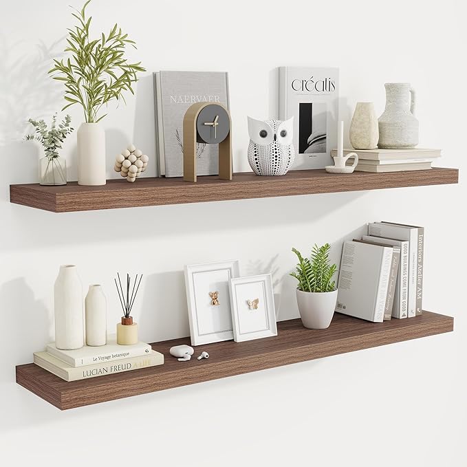Fun Memories 48 Inch Deep Floating Shelves for Wall, 2 Pack of Long Wall Mounted Wood Shelves with Invisible Brackets for Bathroom, Bedroom, Living Room, Kitchen Decor and Storage, Walnut