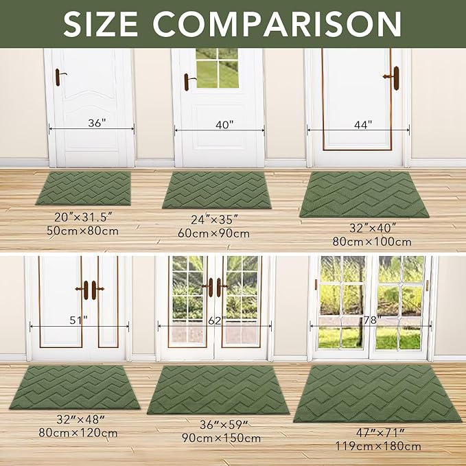hicorfe Indoor Doormat,Front Back Door Mat TPR Backing Non Slip Mats 20"x31.5" Absorbent Resist Dirt Entrance Doormat Inside Floor for Entryway Washable Low-Profile(Green)