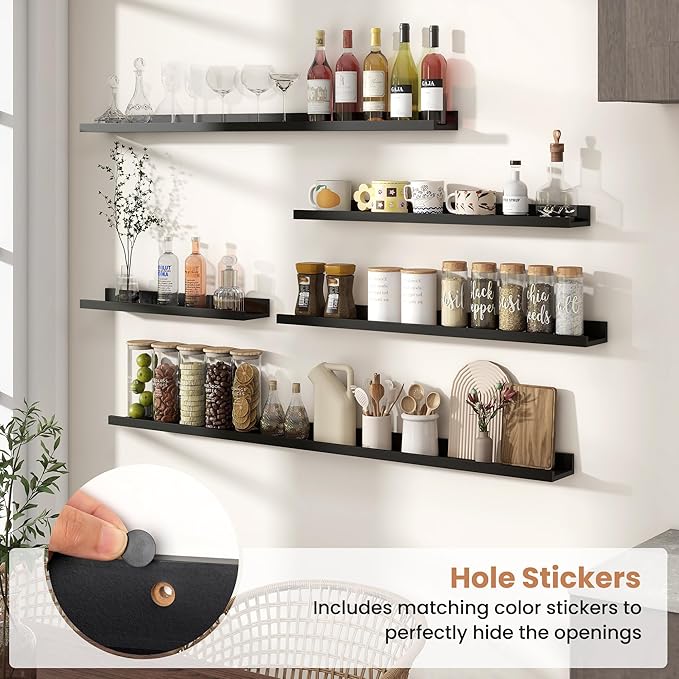 Fun Memories Picture Ledge Shelves Set of 2, 24 Inch Rustic Wall Mounted Floating Shelves with Lip for Home Storage and Décor in Bathroom, Kitchen, Nursery, Bedroom, Living Room, Black
