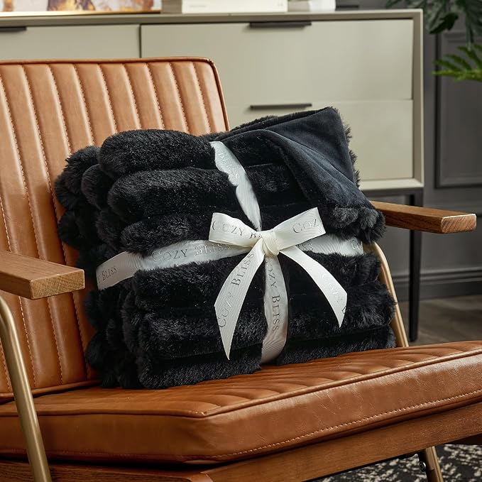 Cozy Bliss Faux Fur Throw Blanket for Couch, Cozy Warm Plush Striped Blanket for Sofa Bedroom Living Room,60 * 80 Inches Black