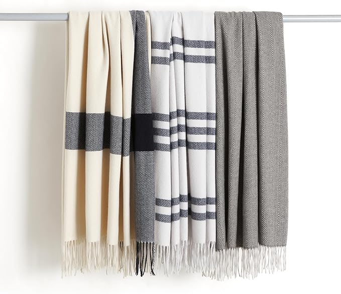 Amazon Basics Room Décor Throw Blanket, Lightweight and Cozy in Recycled Polyester, Light Grey With Blue Stripes, 50"x 60"