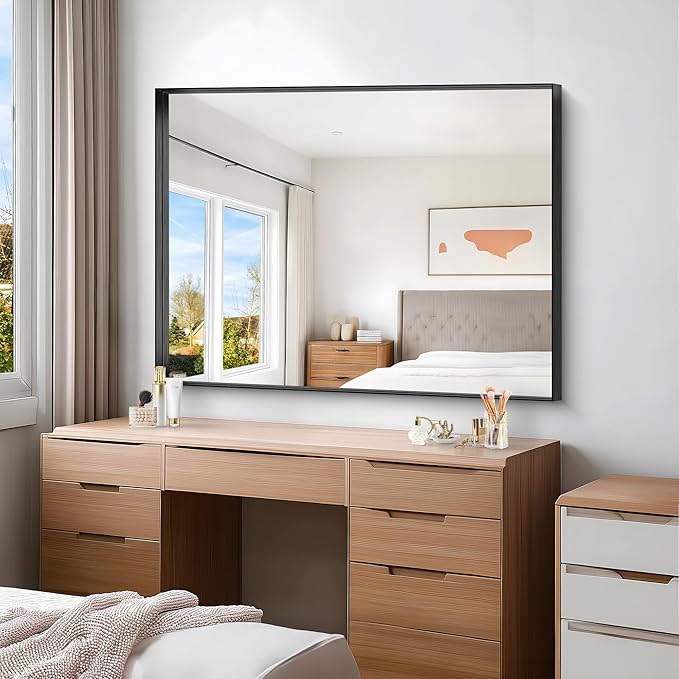 Black Bathroom Mirror, 36x48 Inch Rectangular Deep Frame Mirror, Large Wall Mounted Bathroom Vanity Mirror Over Sink for Bedroom,Restroom, Living Room, Hangs Vertically or Horizontally