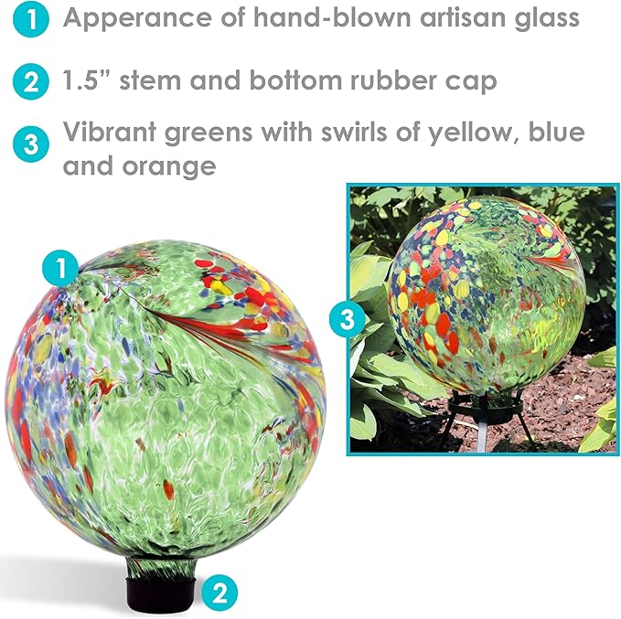 Sunnydaze 10-Inch Gazing Ball for Garden - Glass Gazing Globe for Outside - Garden Orb Yard Decor - Green Artistic - Set of 2