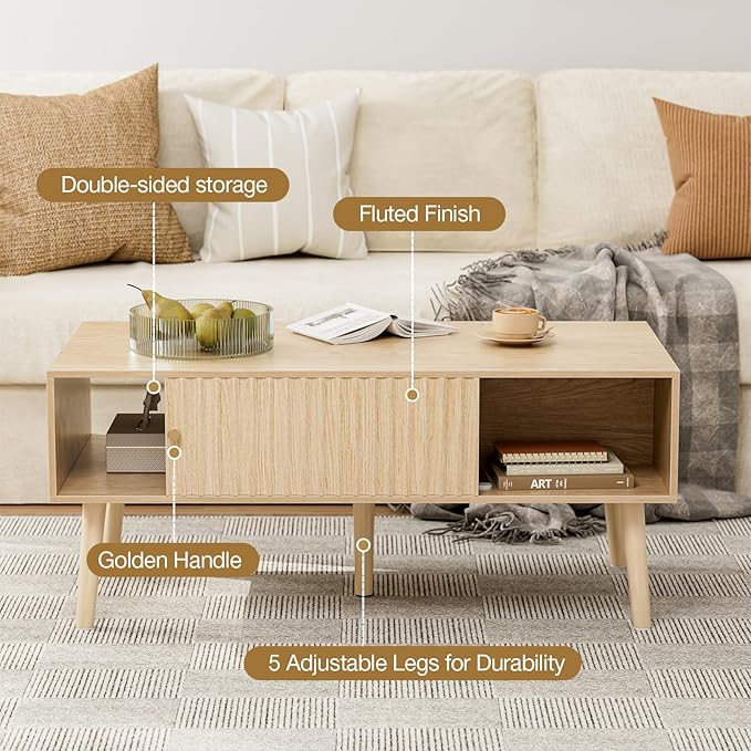 Coffee Table with Storage, Boho Dining Table with Sliding Fluted Door and Solid Wood Legs, Small Coffee Tables for Living Room, Oak