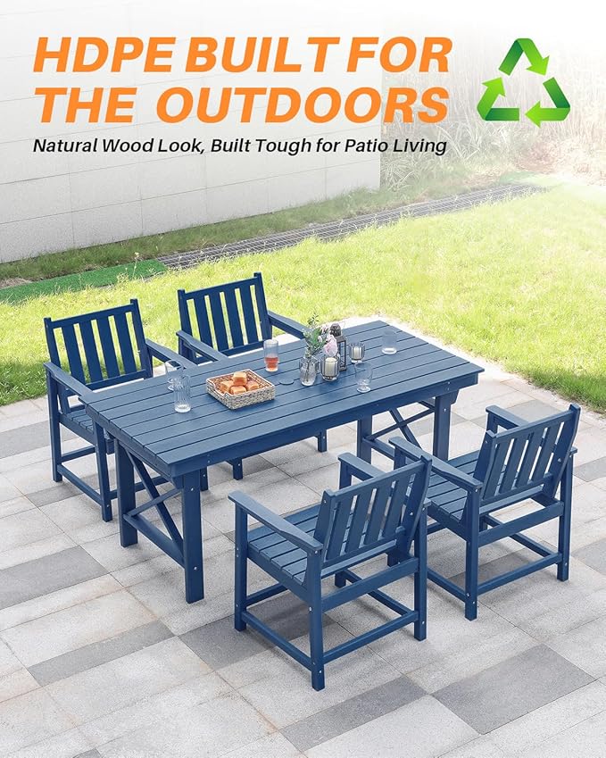 HDPE Outdoor Dining Table, 66.9” Rectangle Patio Dining Table for 6, All-Weather HDPE Outdoor Table with 2.2” Umbrella Hole, HDPE Patio Furniture for Deck, Backyard, Garden, Pool, Navy