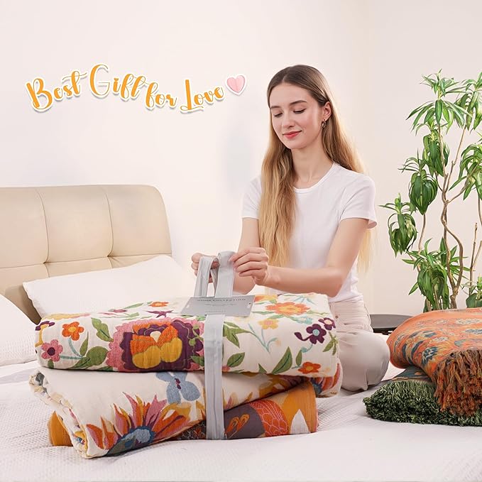 Boho Throw Blanket, 100% Organic Muslin Cotton Breathable Ultra Soft Bed Quilt Throw - All Season Floral Bird Butterfly Farmhouse Decor Blanket for Sofa Couch Chair and Gift. 60" x 80"