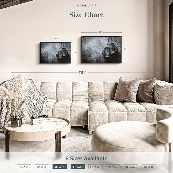 ElephantStock Boxing Gloves Wall Art - Horizontal Framed Canvas - 1-Piece Living Room Wall Decor - Photography Sports Canvas Print - Black and Gray Decor for Wall - 31" X 21"