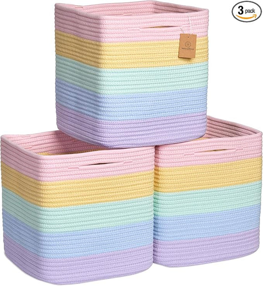 NaturalCozy Storage Cubes 11 Inch Cotton Rope Woven Baskets for Organizing, 3-Pack | Cube Storage Bin | Square Storage Baskets for Shelves Organizer, Classroom, Kids Toy Bins, Closet, Baby Nursery