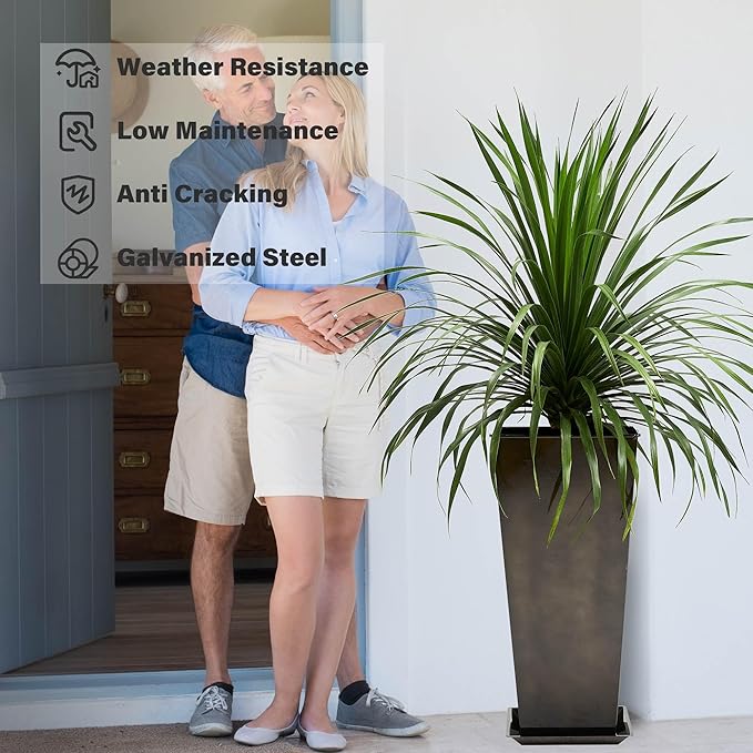KOL 25''H. Bright Glazed Planter with Drainage Hole, Set of 2, Tall Galvanized Steel Planter Pots with Saucer for Indoor & Outdoor Use, Decorative Flower Plant Pots for Porch, Patio, Deck - Black