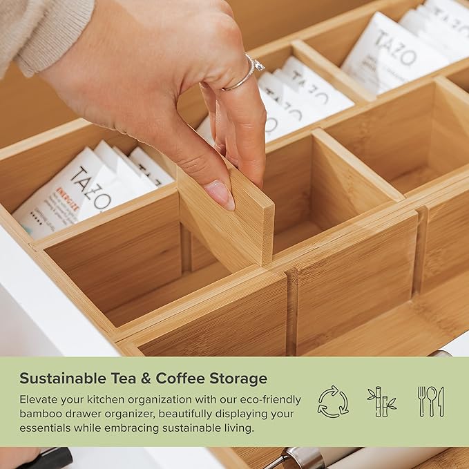 Premium Tea Bags and Coffee Pods Drawer Organizer – Small 9-Compartment Design with Removable Wall Inserts, Non-Slip Feet, 100% Sustainable Bamboo