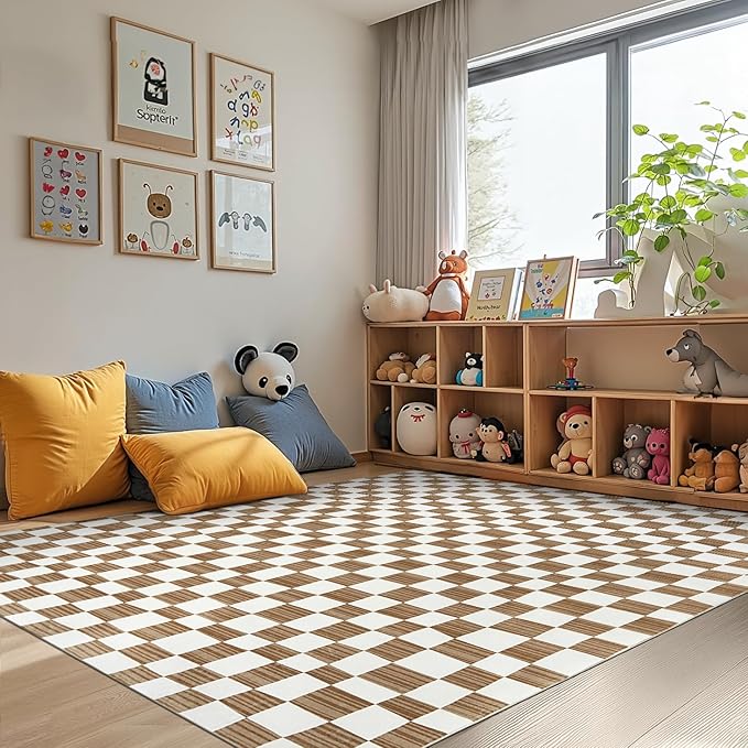 jinchan 5x7 Brown Checkered Area Rugs for Kids Room - Machine Washable Rug Modern Neutral Geometric Lattice Soft Non-Slip Carpet for Nursery Playroom Classroom Living Room Bedroom Home Office