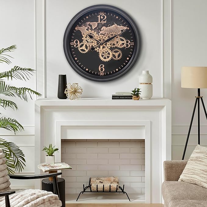 CLXEAST 24 Inch Moving Gear Wall Clock with World Map Pattern,Large Black Gold Metal Wall Clock for Modern Farmhouse Living Room Decor,Reloj De Pared para Sala