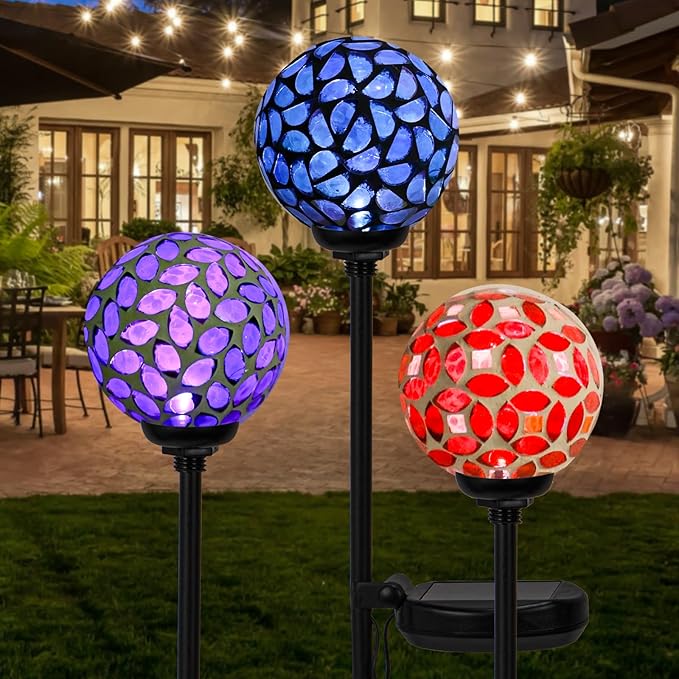 VCUTEKA Solar Garden Decorative Lights Outdoor, Mosaic Solar Light Waterproof LED Pathway Stake Light for Landscape Patio Yard Deck Walkway Decoration, 3 Pack （Blue&Purple&Red）
