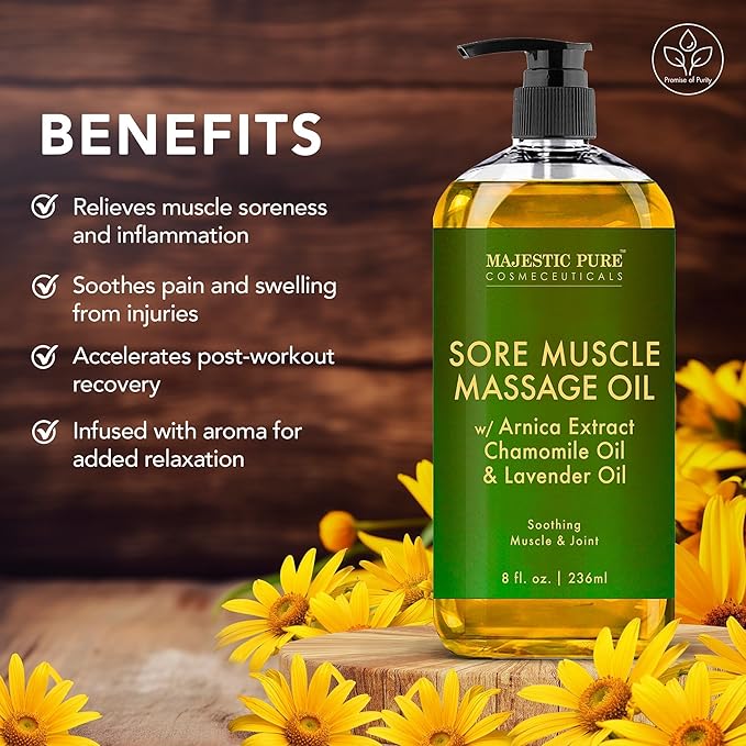MAJESTIC PURE Arnica Sore Muscle Massage Oil for Massage Therapy - Refreshing, and Relaxing - Natural Oils with Lavender & Chamomile Essential Oils - for All Skin Types - Men and Women - 8 fl oz