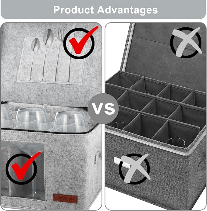 2 Pack Wine Glass Storage Box with Dividers, Stemware Storage Containers for Packing and Moving, China Storage Containers Box for 12 Crystal Glassware, Wine Glasses, Drinkware,Light Gray