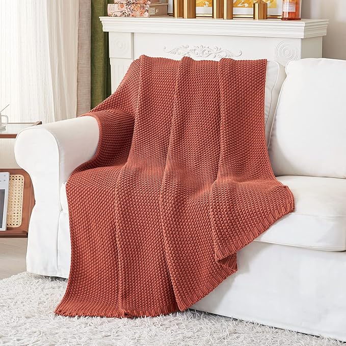 Longhui bedding Chunky Cable Knit Throw Blanket Lightweight Rust 100% Organic Cotton Blanket for Sofa Couch Bed Baby Nursery, Rustic Shabby Chic Modern Farmhouse, 51” x 63” Give Laundering Bag