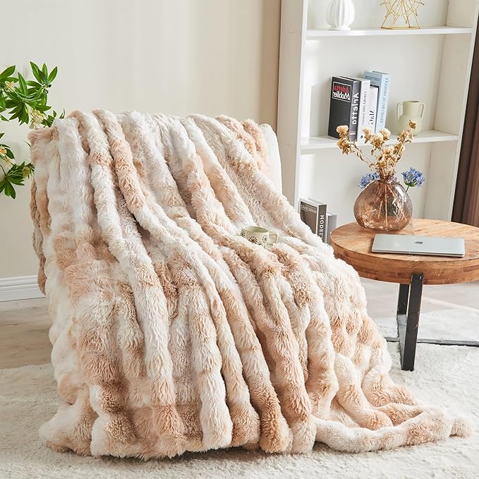 RYNGHIPY Faux Rabbit Fur Bed Throws Fluffy Warm Throw Blanket for Sofa Couch Soft Plush Decorative Blanket Thick and Heavy Cute Bubble Furry Blanket (Light Tan, 63''x79'')