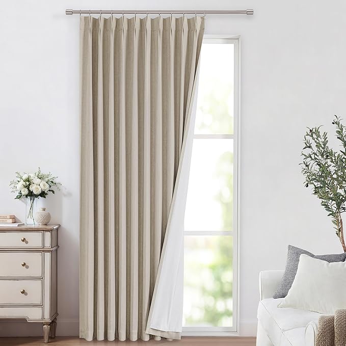 Vision Home Sand Pinch Pleated Full Blackout Curtains Linen Blended Room Darkening Window Curtains 120 inch for Living Room Bedroom Thermal Insulated Pinch Pleat Drapes with Hooks 60" Wx120 Lx1