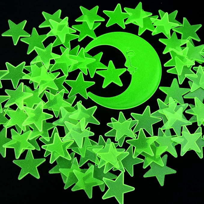100 Stars and 1 Moon Glow in The Dark Luminous Fluorescent 3D Plastic Glow Stars Moon for Ceiling, Glowing Wall Stickers Create a Realistic Starry Sky, Room Decorations (Green)