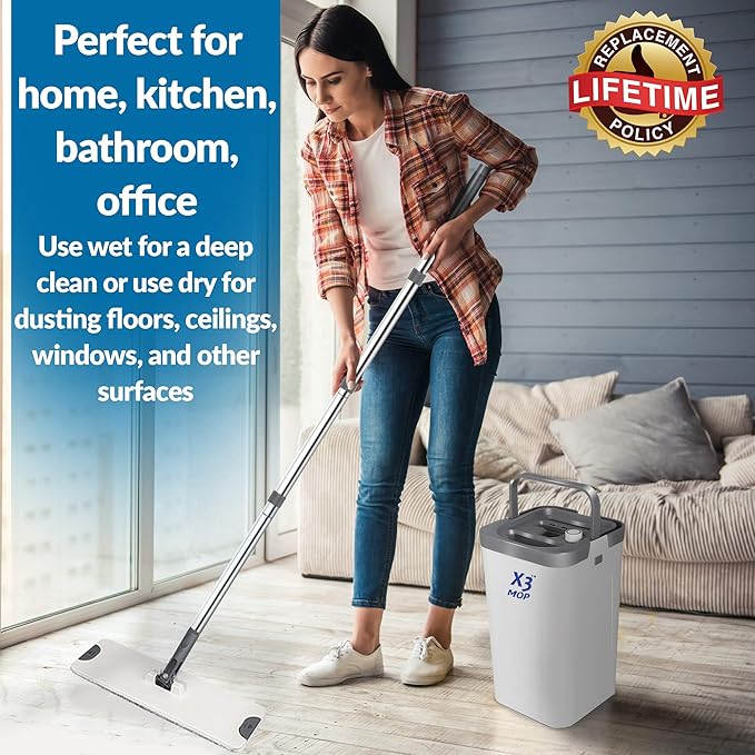 X3 Mop, Separates Dirty and Clean Water, 3-Chamber Design, Flat Mop and Bucket Set, Hands Free Home Floor Cleaning, 3 Reusable Microfiber Mop Pads Included