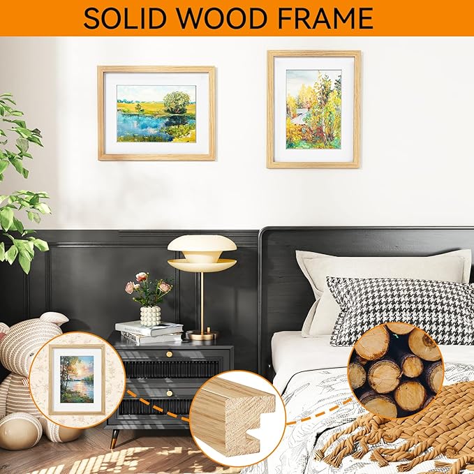 IBUYKE 11 x14 Picture Frame,Solid Oak Wood 11x14 Photo Frame with Mat to 8x10,11x14 Picture Frames With Tempered Glass,Wall Mount Display,Home Decor,Natural Oak 14 x 11 Frame,UWPF1114N