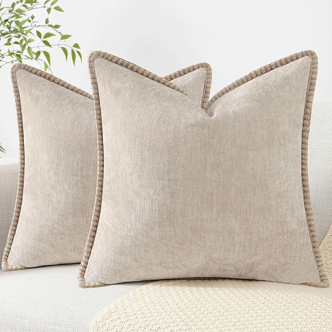 decorUhome Chenille Soft Throw Pillow Covers 18x18 Set of 2, Farmhouse Velvet Neutral Decorative Euro Pillow Covers with Stitched Edge for Couch Sofa Bed Home Decor, Beige