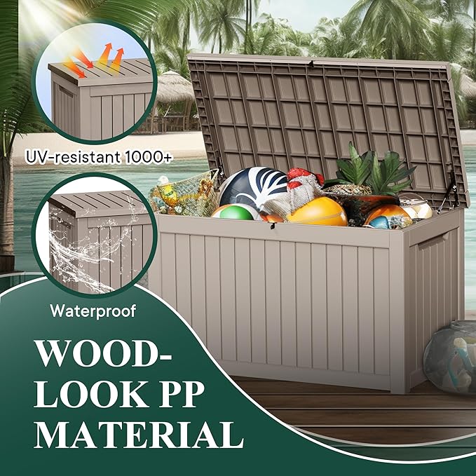 230 Gallon Outside Storage Box, Resin All Weather Storage Cabinet, Large Deck Box for Garden Tools, Patio Furniture, Sports Equipment, Light Brown