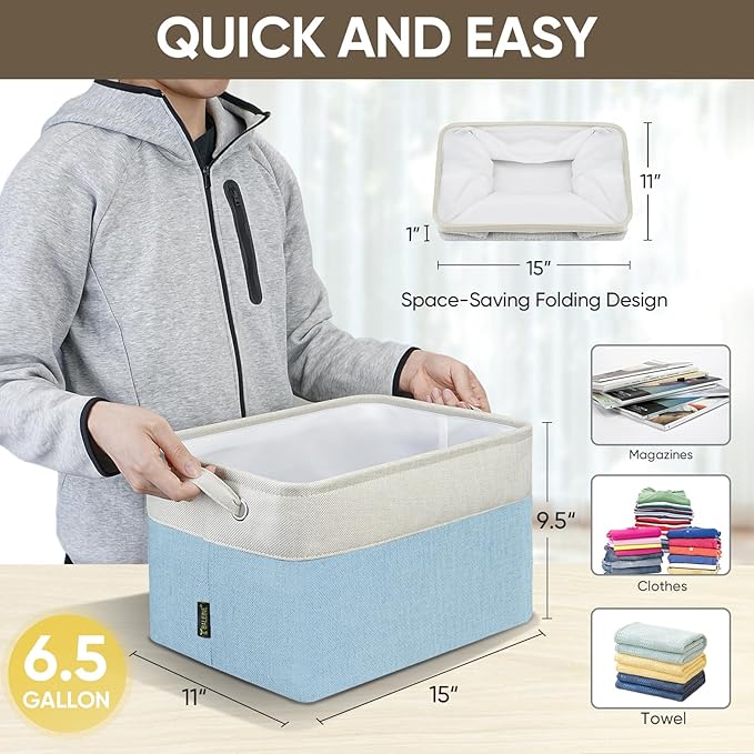 BALEINE 2 Pack Fabric Storage Bins for Shelves, Linen Storage Baskets for Organizing, Decorative Closet Bins for Clothes, Home (Skyblue, 15''x11''x9.5'')