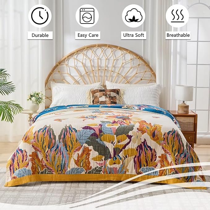 100% Muslin Throw Blanket for Couch, Butterfly and Floral Double Embroidery Summer Throw Blanket 60"x80" for Bed, Chair, Woven Cotton Reversible Mexican Blanket