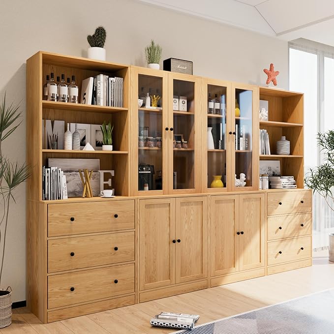 TUSY 71" Bookshelf Bookcase, 3-Tier Modern Bookshelves 3 Large Drawer, Wood Filing Cabinet with Open Storage Shelf, Glass Doors 5-Tier Fixed Storage Shelves for Home Office (Wood)