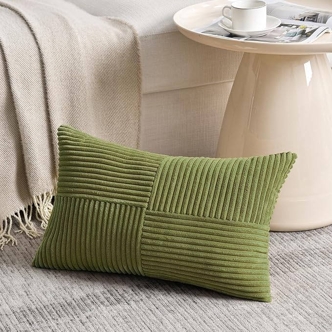 Fancy Homi 2 Packs Moss Green Lumbar Decorative Throw Pillow Covers 12x20 Inch for Living Room Couch Bed, Rustic Farmhouse Boho Home Decor, Soft Striped Corduroy Rectangle Accent Cushion Case 30x50 cm