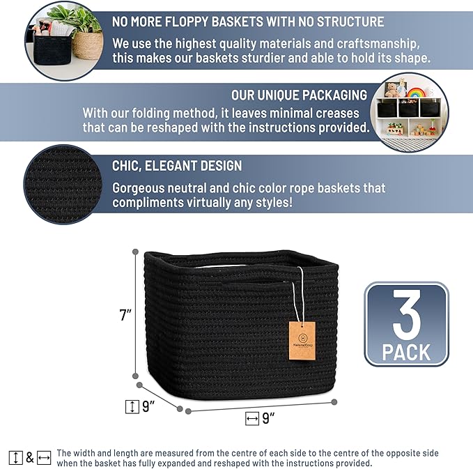 NaturalCozy Storage Cubes 9”x9”x7”Cotton Rope Woven Baskets for Organizing 3-Pack | 9 Inch Cube Storage Bin | Small Basket for Shelf Nursery, Pantry, Decorative Plant, Bathroom Closet, Toy Gift