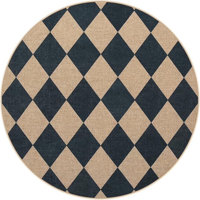Lahome Checkered Round Entryway Rug 4ft, Circle Indoor Outdoor Patio Rug Washable Farmhouse Easy Jute Kitchen Rugs, Contemporary Non Slip Round Carpet for Bedroom Front Porch