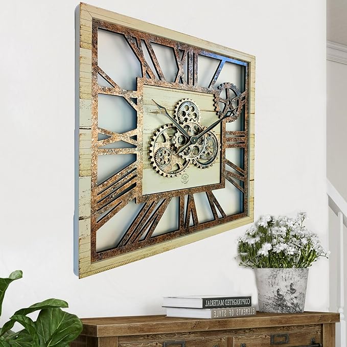The Gears Clock 24'' Inch Square Real Moving Gear Wall Clock Vintage Industrial Oversized Rustic Farmhouse (Desert Beige)