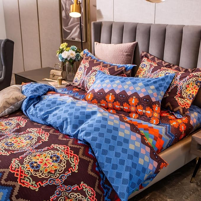 ABREEZE Bohemian Duvet Cover Set Colorful Brown Boho Retro Bedding Set Damask Paisley Cotton Duvet Cover Tribal Reversible Bedding Exotic Style Comforter Cover 3-Piece Queen