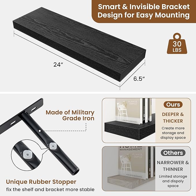 fuqing Floating Shelves for Wall, Bathroom Shelf Wall Mounted for Storage, Shelves with Invisible Bracket for Bedroom, Kitchen, Living Room, Farmhouse Small Book Shelf, 24 Inch Set of 2, Black