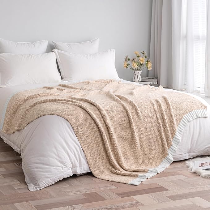 MIULEE Beige Super Soft Throw Blanket for Bed, Twin Size Cozy Fluffy Warm Blankets Knit Blankets for Couch, Sofa, Chair, Living Room, Camping, Picnic, 60 x 80 inch
