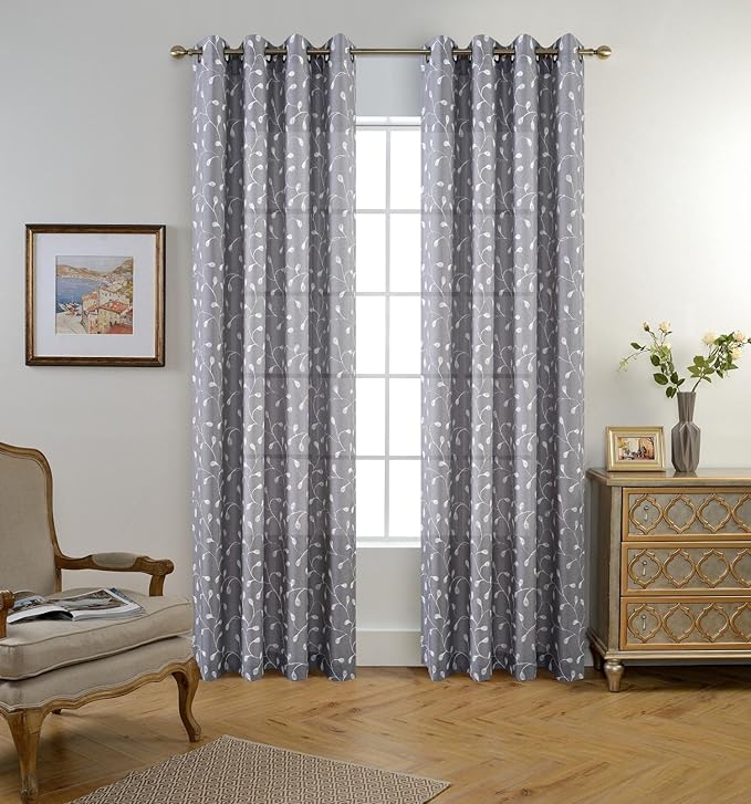 MIUCO Floral Embroidered Semi Sheer Curtains Linen Look Grommet Curtains for Living Room 52 x 84 Inch Set of 2, Grey