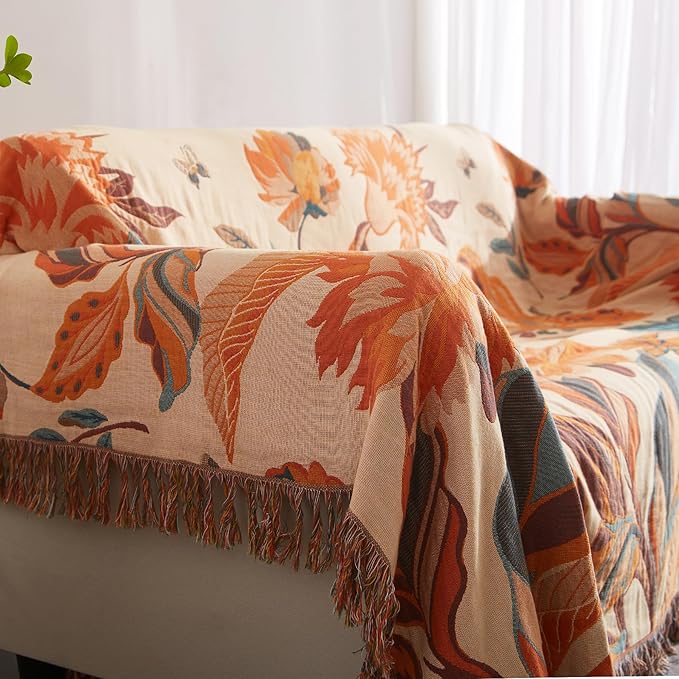 Boho Throw Blanket for Couch Sofa Bed, 100% Cotton Woven Quilt with Tassel 60”x80”, Super Soft Muslin Blanket with Floral Printed, Decorative Reversible Bed Blanket/Cover for All Seasons