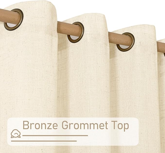 LAMIT Linen Curtains 95 inch for Living Room, Soft Thick Light Filtering Boho Window Textured Neutral Drapes Bronze Grommet for Bedroom Farmhouse, 2 Panels Set 52 x 95 Inch, Beige