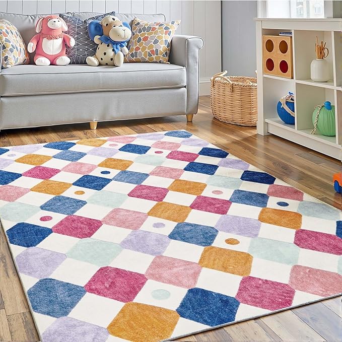 jinchan Area Rug 3x5 Kids Washable Indoor Floor Cover Non-Slip Modern Soft Rug Elementary School Classroom Colorful Diamond Carpet for Nursery Playroom Daycare Bedroom Living Room Berries on Cream