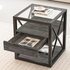 Farmhouse End Table Set of 2, Modern Side Table with Drawer&3-Tier Storage Shelf, Square Rustic Nightstand, Accent Tea Table, for Bedroom Office Living Room, Grey, Natural Wood, Glass, Metal