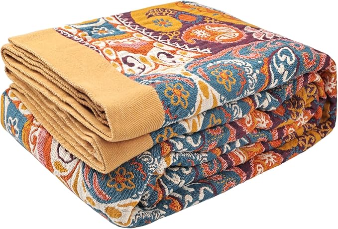 Boho Throw Blanket for Bed - 100% Pure Cotton Ultra Soft Rustic Quilt - Farmhouse Decor Bed Blankets, All Season Rustic Throw for Sofa Couch Chair(60"×80", Boho Flover)