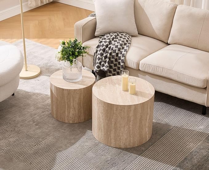 CIMOTA Round Wood Nesting Coffee Table Set of 2, Modern Circle Travertine End Side Table Sets for Living Room, Light Wooden Color/No Assembling