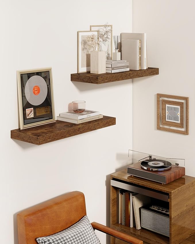 Marsmiles 24" Floating Shelves for Wall, Wooden Shelves with Invisible Brackets Set of 2, Rustic Farmhouse Wall Mounted Shelf for Kitchen Bathroom Living Room Study, Rustic Brown
